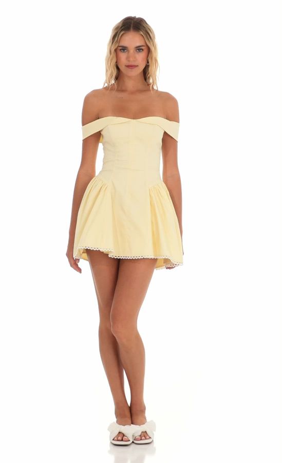 Off Shoulder Fit and Flare Dress in Yellow | LUCY IN THE SKY
