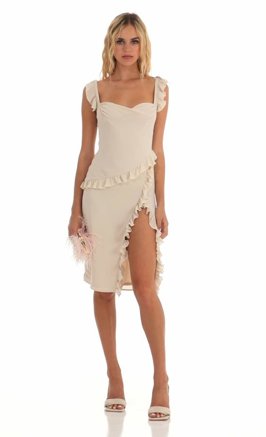 ruffle dress beige Jackie Beige Ruffled High-Low Dress – Kurru Kurru