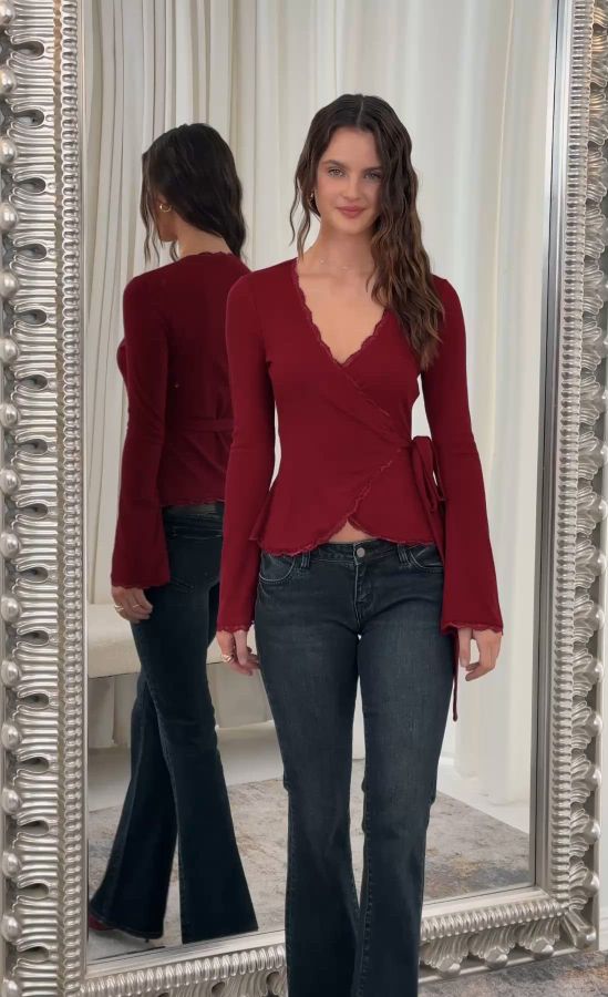 LaceTrim Wrap Top in Burgundy | LUCY IN THE SKY