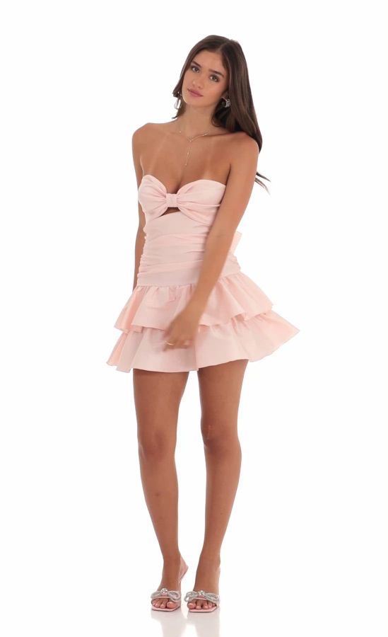 blush pink ruffle strap mini homecoming dress with side cutouts Amy Ruffle Strap Mini Dress