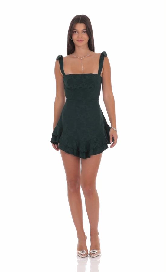 Floral Jacquard Ruffle A-line Dress in Forest Green