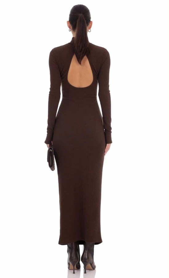 Ribbed Knit Mock Neck Maxi Dress in Brown