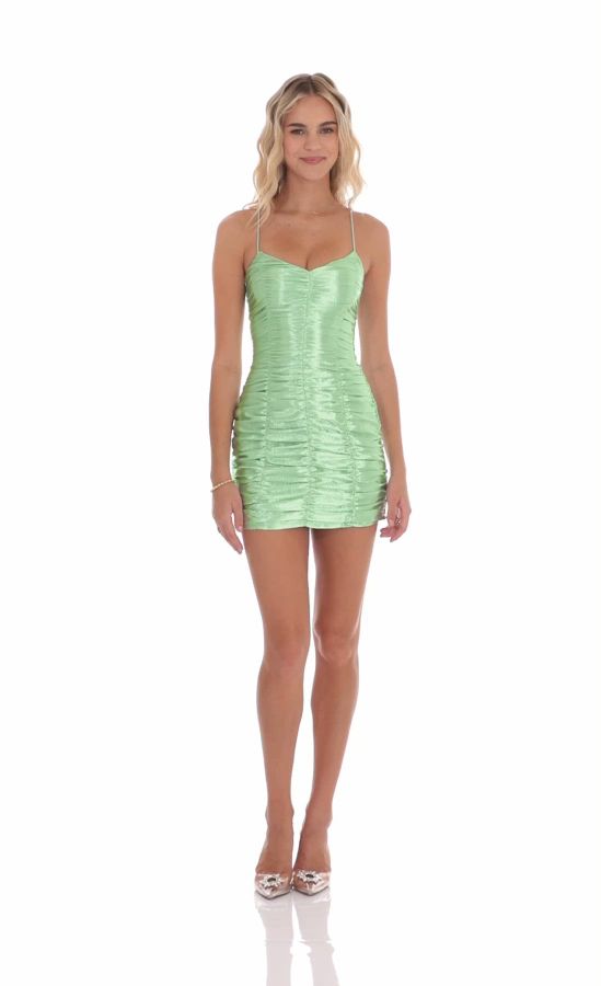sweetener backless ruched satin mini dress in hazel Monnie Draped Open-Back A-Line Mini Dress in Chocolate Brown main image 1