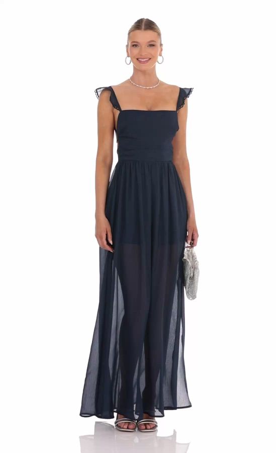 midnight blue lurex chiffon maxi dress Navy Chiffon Maxi Dress - Starry Night Fit and Flare 3456
