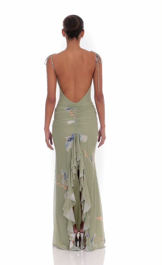 Floral Back Ruffle Maxi Dress in Sage | LUCY IN THE SKY