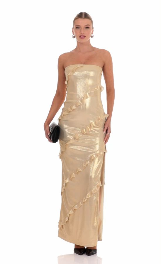 farley strapless metallic maxi dress Petal & Pup Farley Strapless Maxi Dress