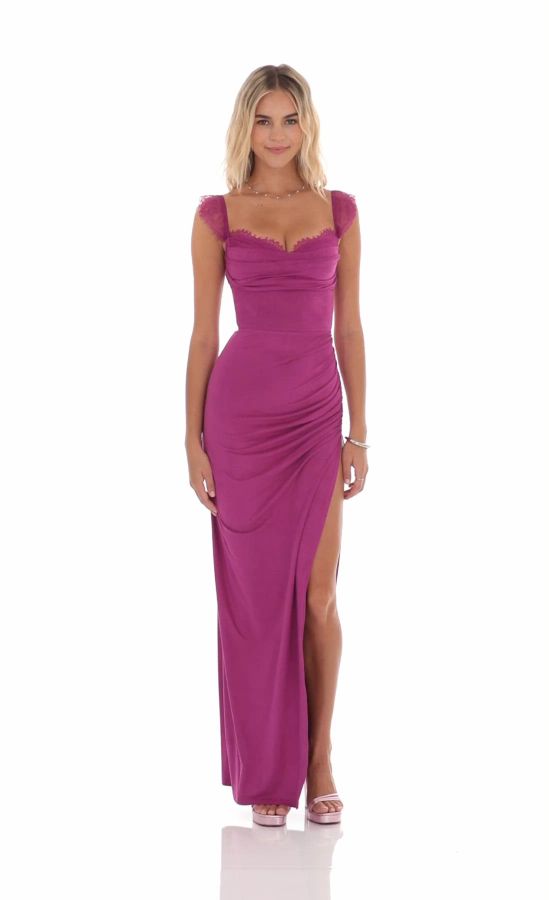 Suede Draped Lace Maxi Dress in Magenta | LUCY IN THE SKY