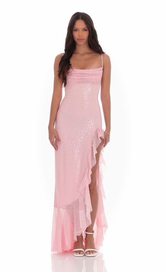 Sequin Ruffle Maxi Dress in Pink | LUCY IN THE SKY