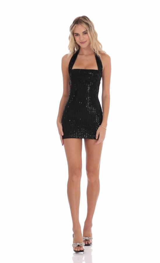 sequin striped halter dress in black Women's Midnight Sparkle Sequin Halter Dress in Black