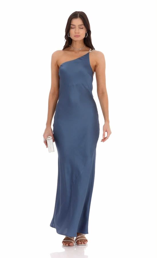 open lace back dress Tatiana Velvet One Shoulder Maxi Dress | Slate Blue