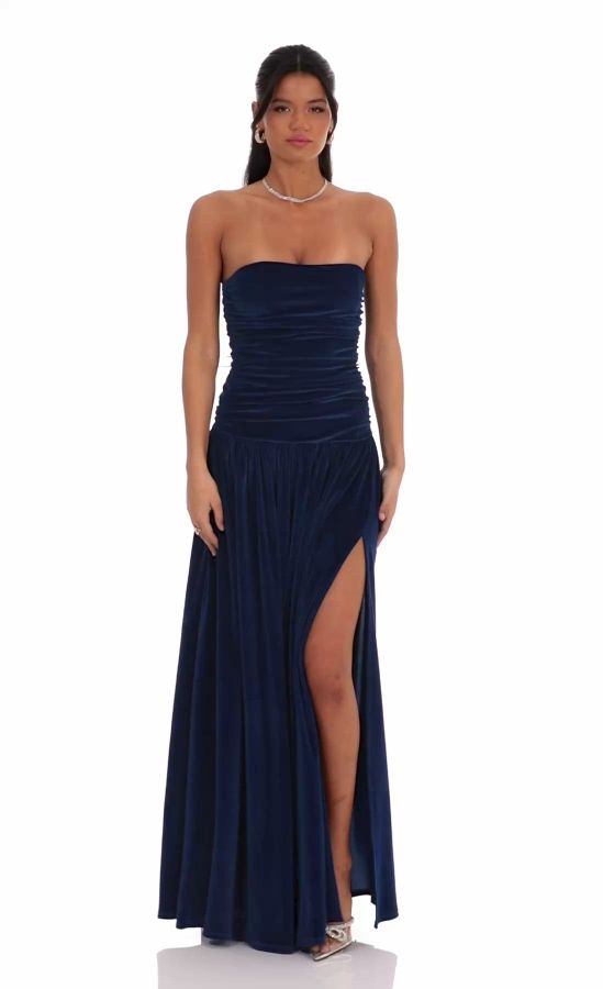 Velvet Ruched Drop Waist Maxi Dress in Navy | LUCY IN THE SKY
