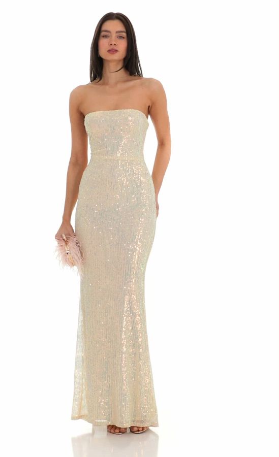 Iridescent Sequin Strapless Maxi Dress in Champagne | LUCY IN THE SKY