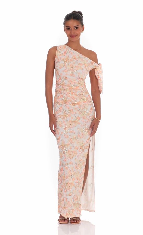 Floral Shimmer Off Shoulder Maxi Dress in Peach