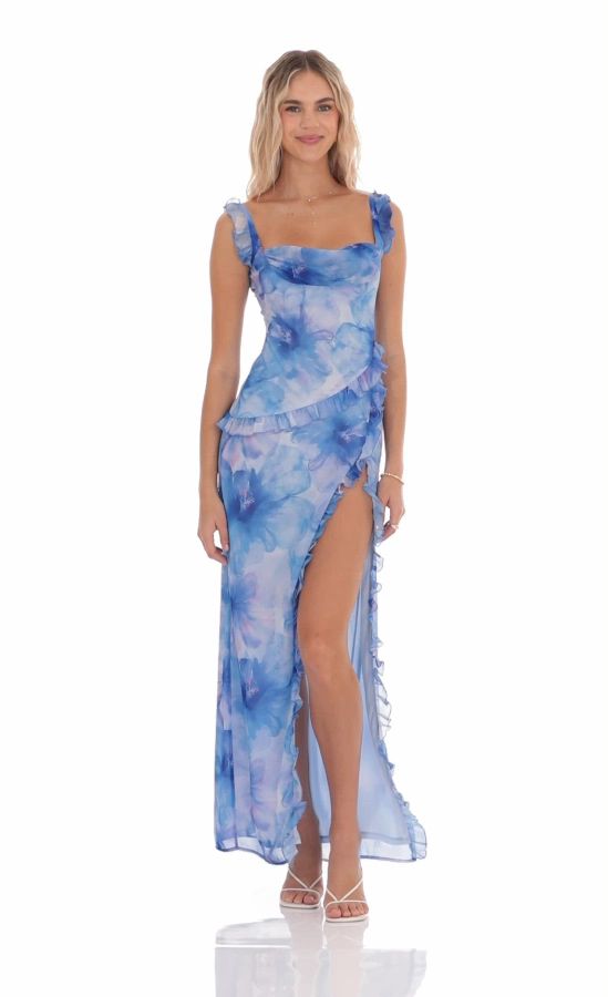 Floral Ruffle Cowl Neck Maxi Dress In Blue