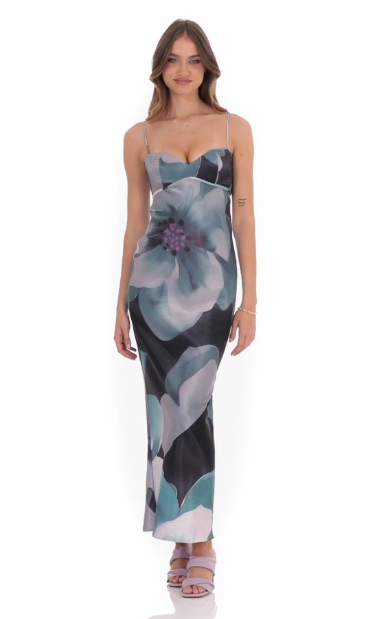 Floral Back Tie Maxi Dress In Dark Teal