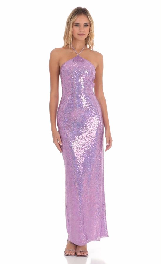 Sequin Halter Maxi Dress in Lavender | LUCY IN THE SKY