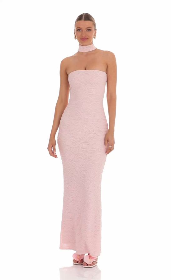 Scarf Mesh Knit Maxi Dress in Pink | LUCY IN THE SKY