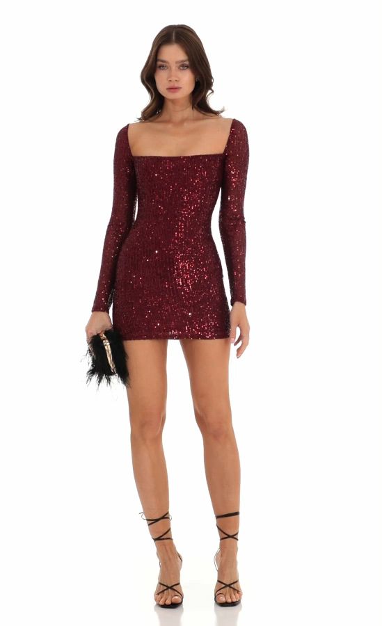 long sleeve burgundy sequin dress Mac Duggal 5186 main image 0