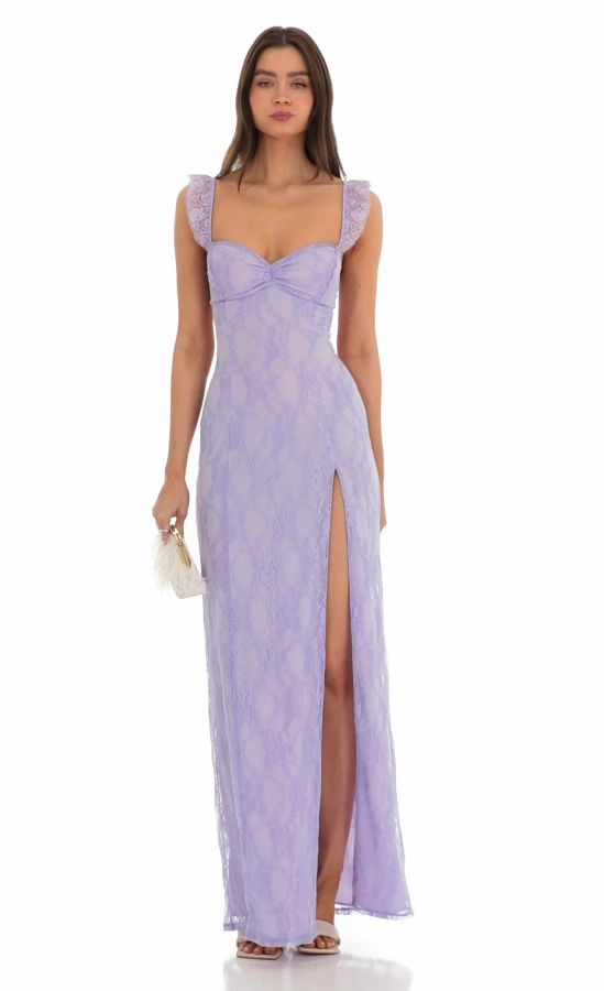 Lace Ruffle Sleeve Maxi Dress in Lavender