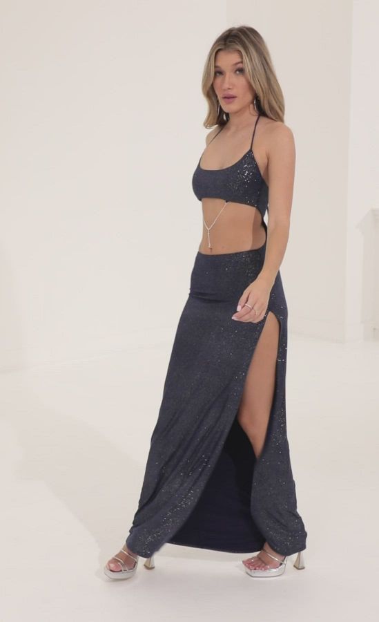 Glitter Tummy Cutout Maxi Dress in Navy | LUCY IN THE SKY