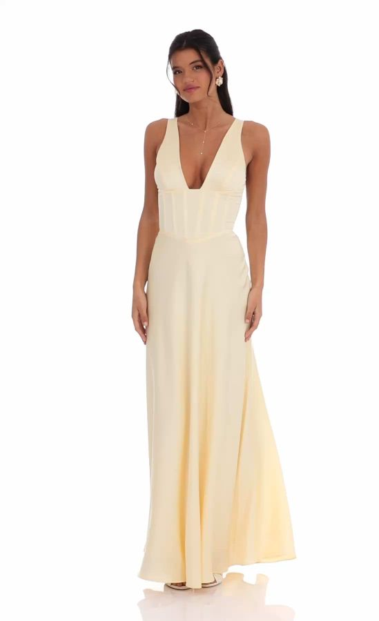 garden formal dresses for women Théoline Yellow Floral Appliqué Corset Maxi Dress main image 1