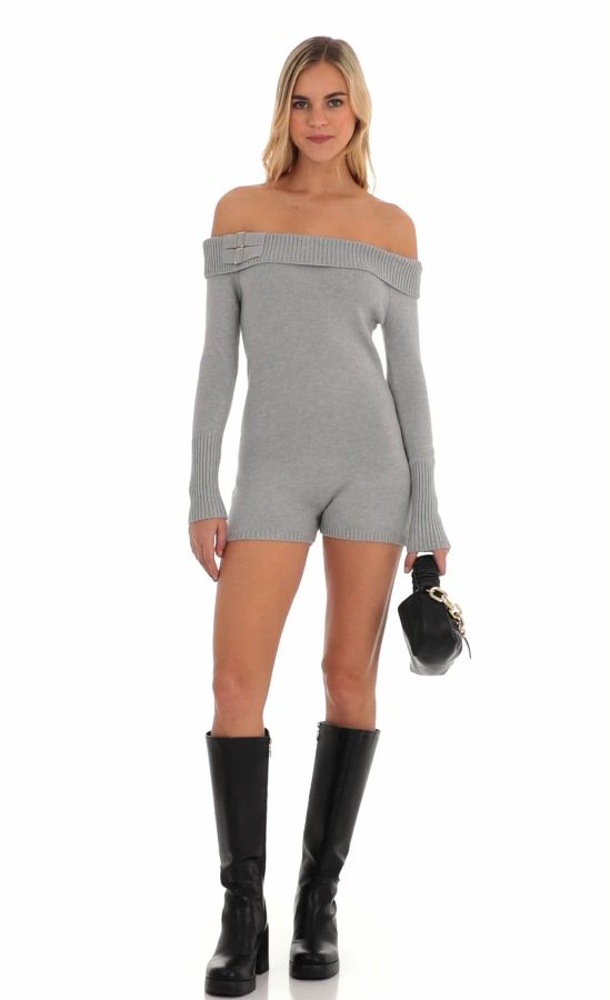 Knit Off Shoulder Romper in Grey | LUCY IN THE SKY