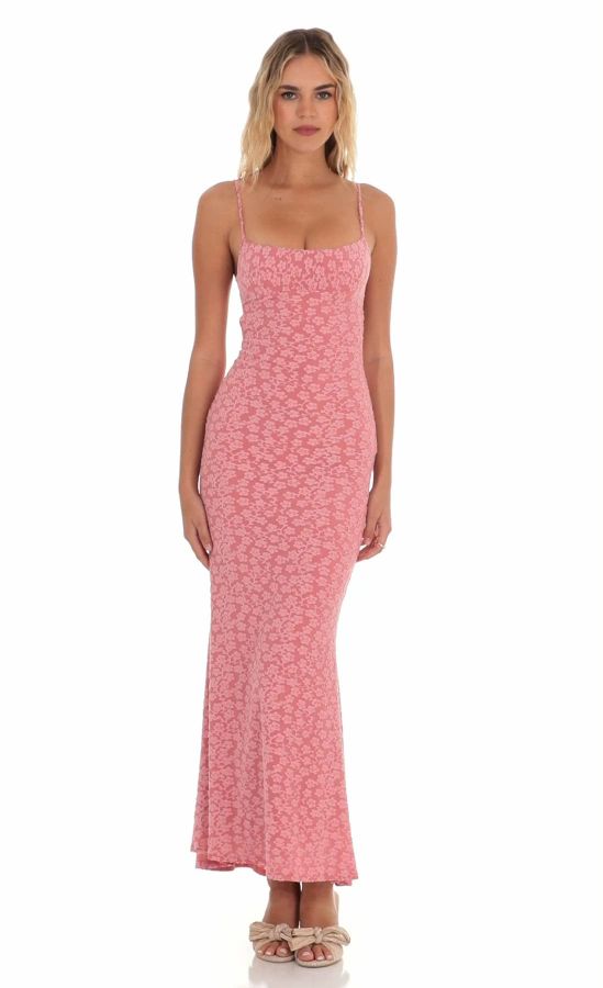 strapless open back dress Pink Textured Floral Cindy Midi Dress main image 0