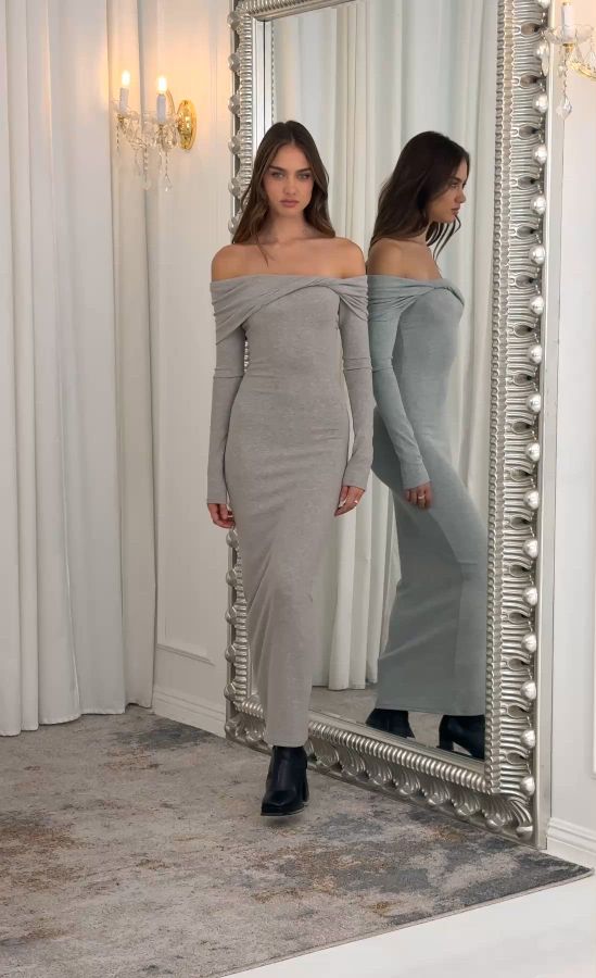 grey off the shoulder maxi dress Grey Off Shoulder Maxi Danika Dress XS