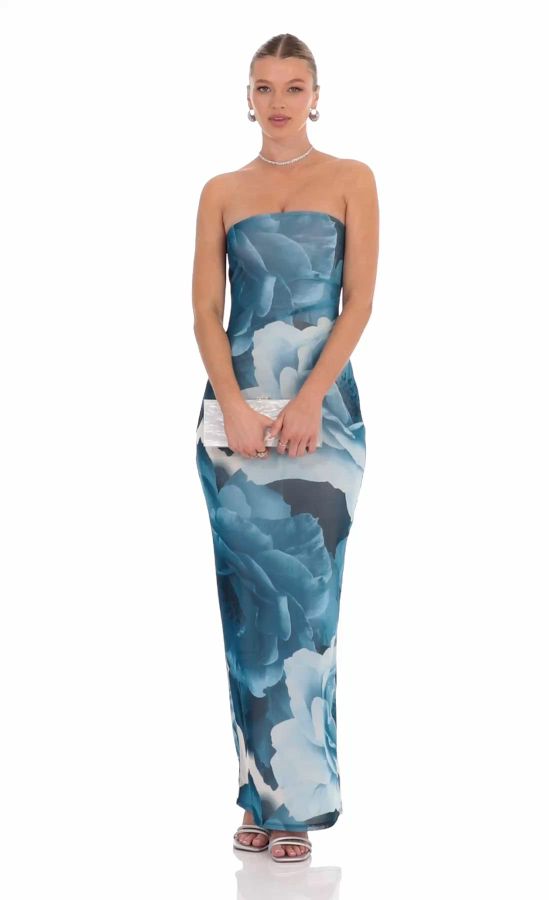 blue floral tube dress Strapless Blue 3D Floral Embellished Mini Dress K44966