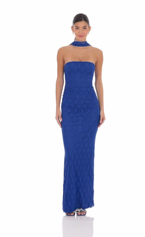 Scarf Lace Maxi Dress in Royal Blue