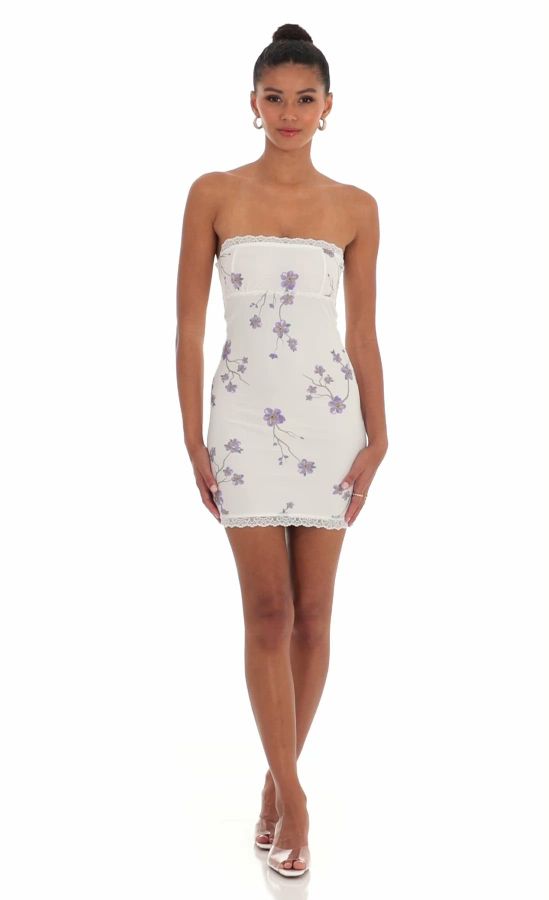 Floral Lace Strapless Bodycon Dress in White | LUCY IN THE SKY