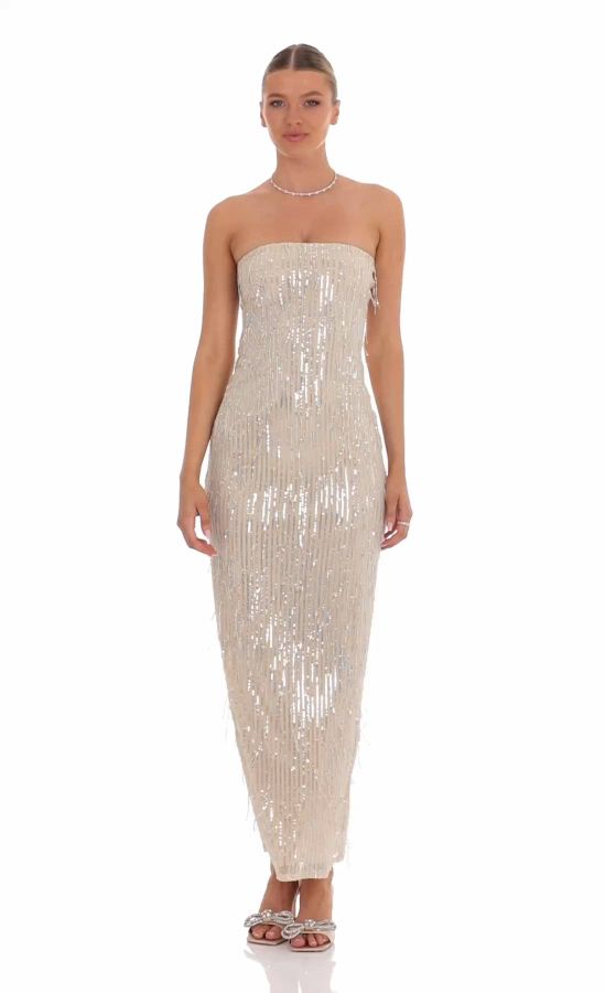champagne sequin fringe bodycon dress Dress the Population Women's Viviana Strapless Bodycon Dress - Champagne