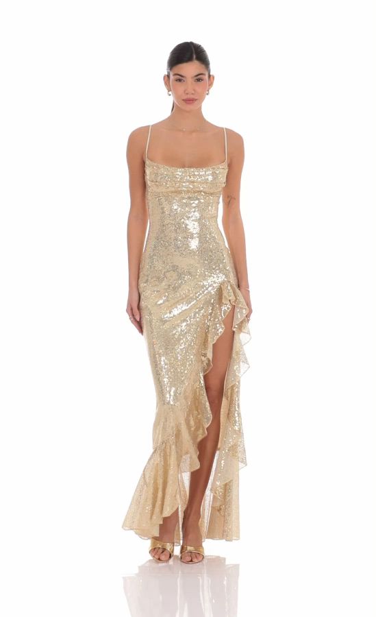 Sequin Ruffle Maxi Dress in Gold | LUCY IN THE SKY