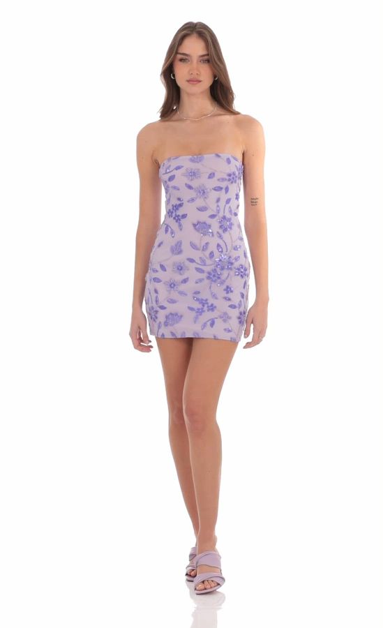 purple floral bodycon dress Strapless Sequin Floral Bodycon Dress in Lavender