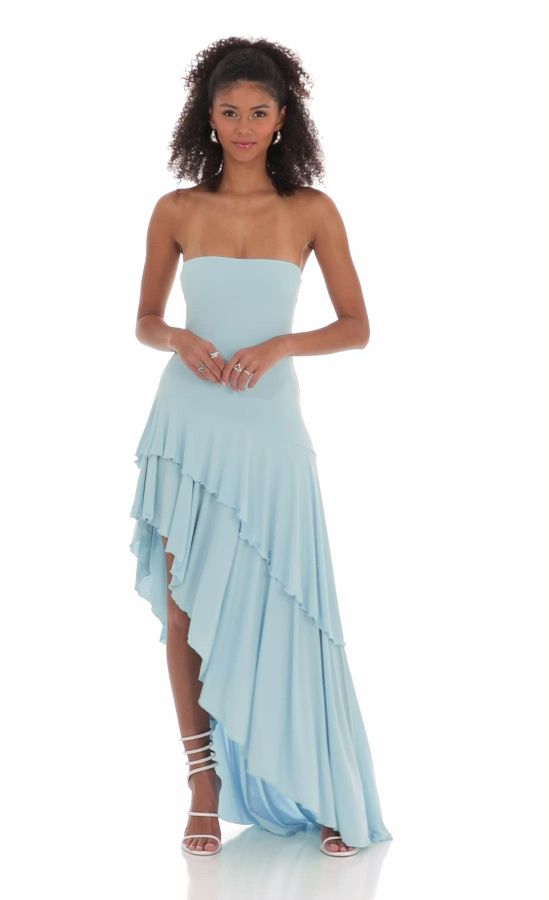 【Since Then】Blue Ruffle Suspender Asymmetry Resort Dress Strapless Shimmer Ruffle Maxi Dress in Blue | LUCY IN THE SKY