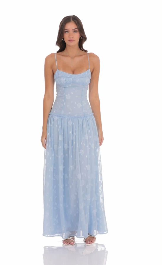 Floral Chiffon Maxi Dress in Light Blue