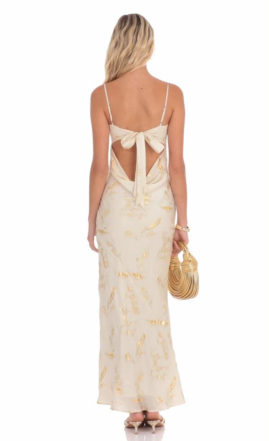 Butterfly Foiled Open Back Maxi Dress in Cream | LUCY IN THE SKY