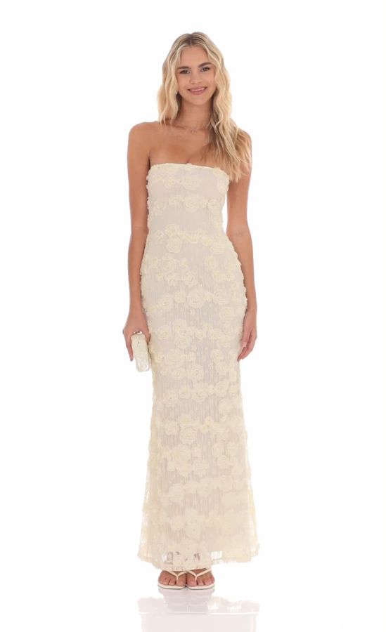 Rosette Strapless Maxi Dress in Cream | LUCY IN THE SKY