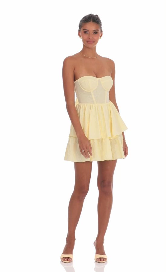 knee length dresses for ladies Yellow Satin corset mini dress with a side no tie bow  Tabu Knits Boutique