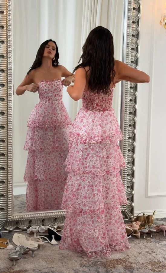 pink ruffle dress lucy in the sky Long Ruffle Maxi Dress in Pastel Pink