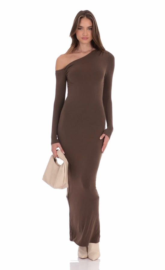 long sleeve v neck bodycon dress ASOS DESIGN mesh cut out one shoulder maxi dress in brown