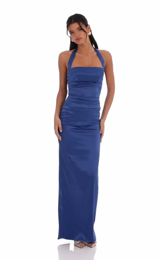Satin Halter Maxi Dress in Blue