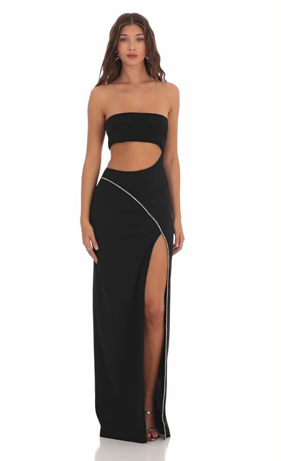 Effy Rhinestone Cutout Maxi Dress in Black