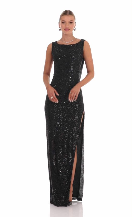 Sequin High Neck Open Back Maxi Dress in Black | LUCY IN THE SKY