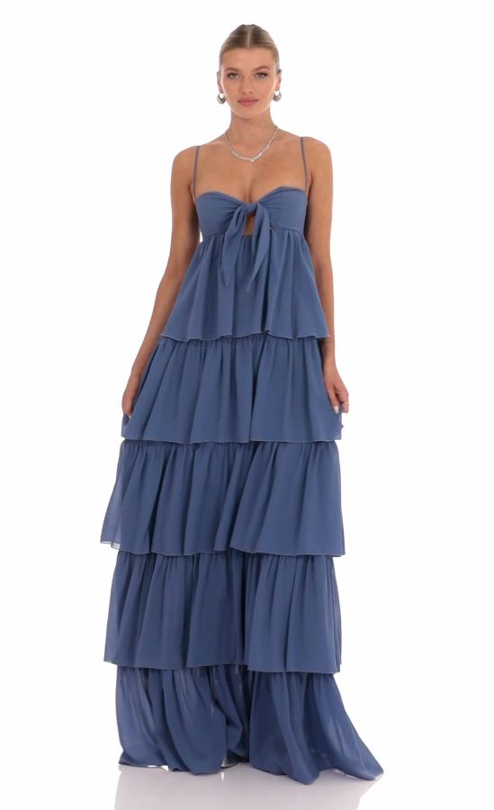 Chiffon Front Tie Ruffle Dress in Denim Blue | LUCY IN THE SKY