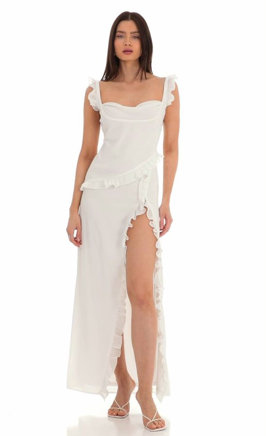 carolyn chiffon striped foil ruffle dress in white Chiffon Striped Foil Ruffle Dress in White