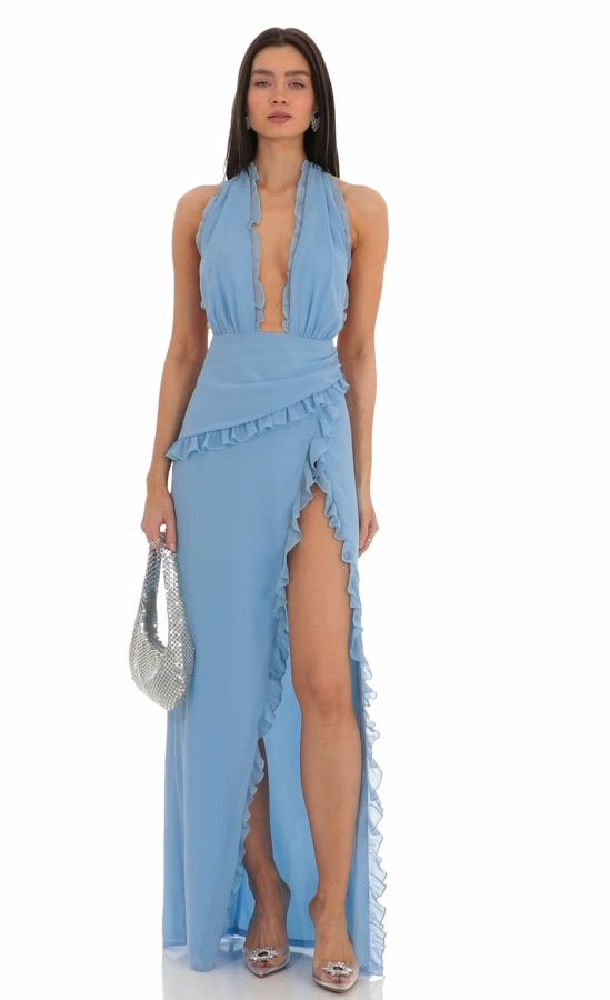 Plunge Neck Halter Dress in Blue