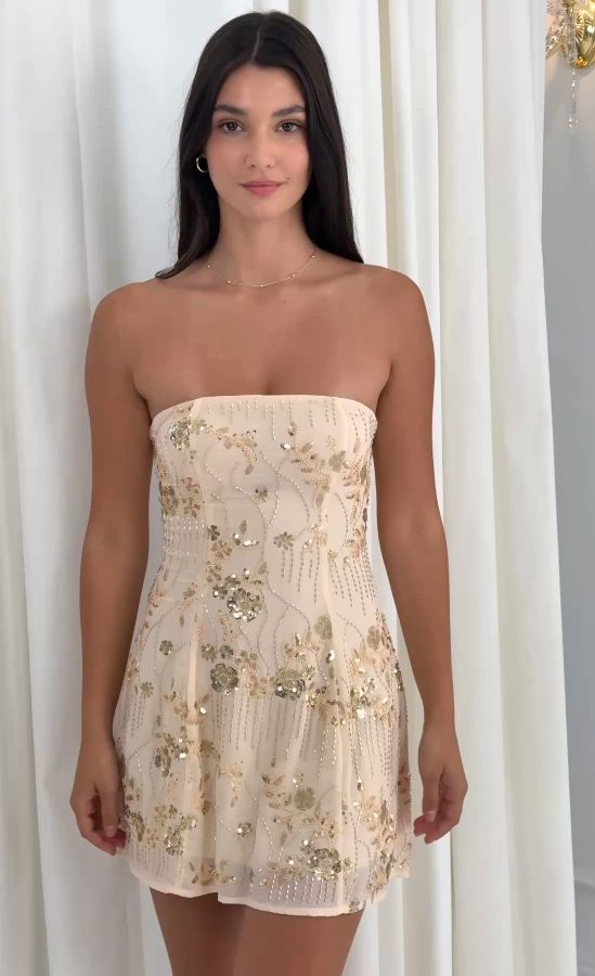 Gold Sequin Beaded Floral Flare Dress in Cream | LUCY IN THE SKY