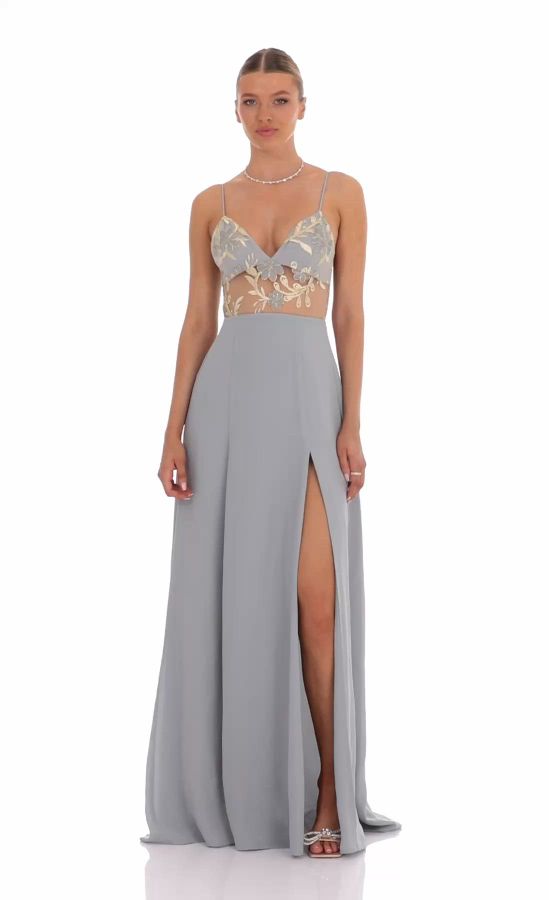 green emerald velvet dress Women's Bloom Service Grey Multi Floral Cutout Bodice Midi Dress | Size: L