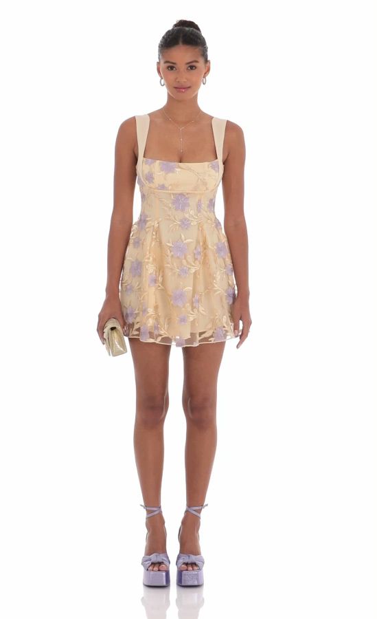 lucy in the sky amari gold floral mesh dress Lucy Paris Rose Yellow Floral Pleated Maxi Dress at Maria Vincent Boutique main image 0